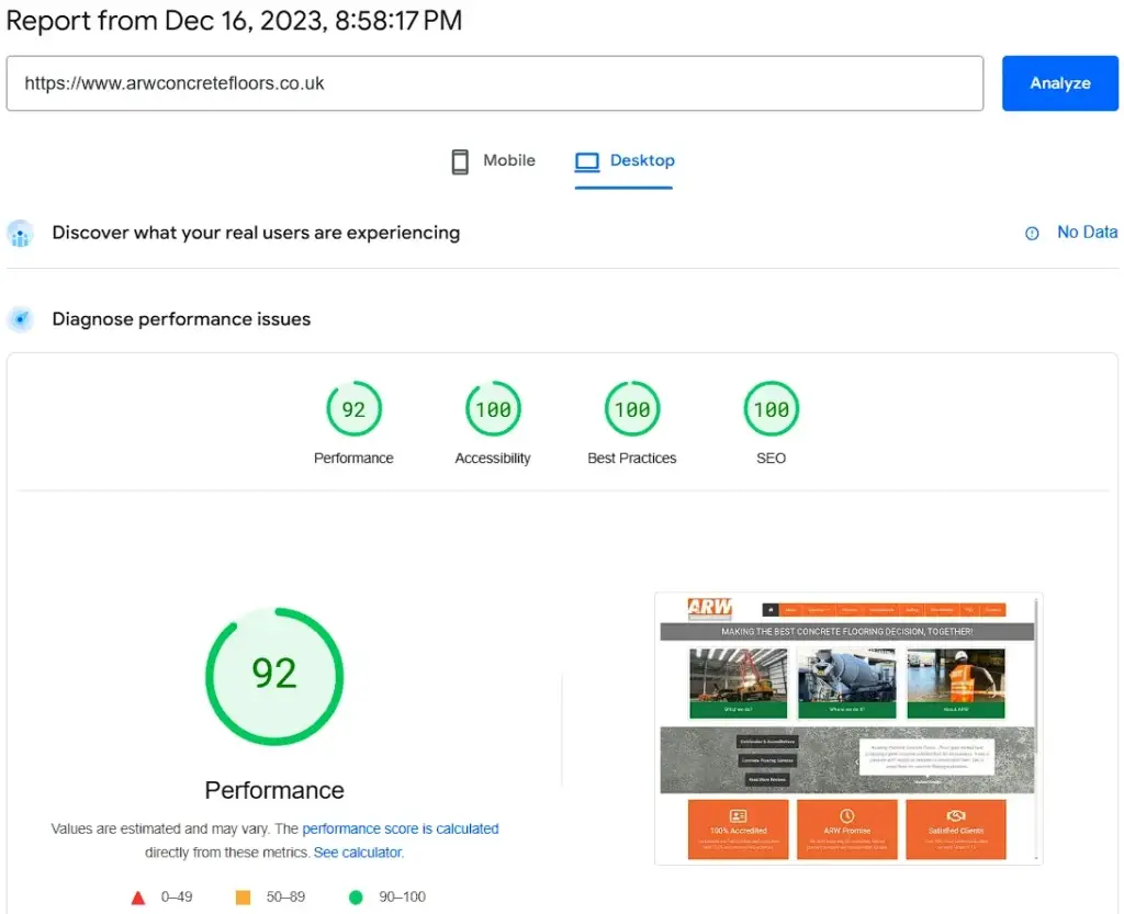 website speed performance, Google pagespeed insights, desktop speed performance, arw concrete floors ltd