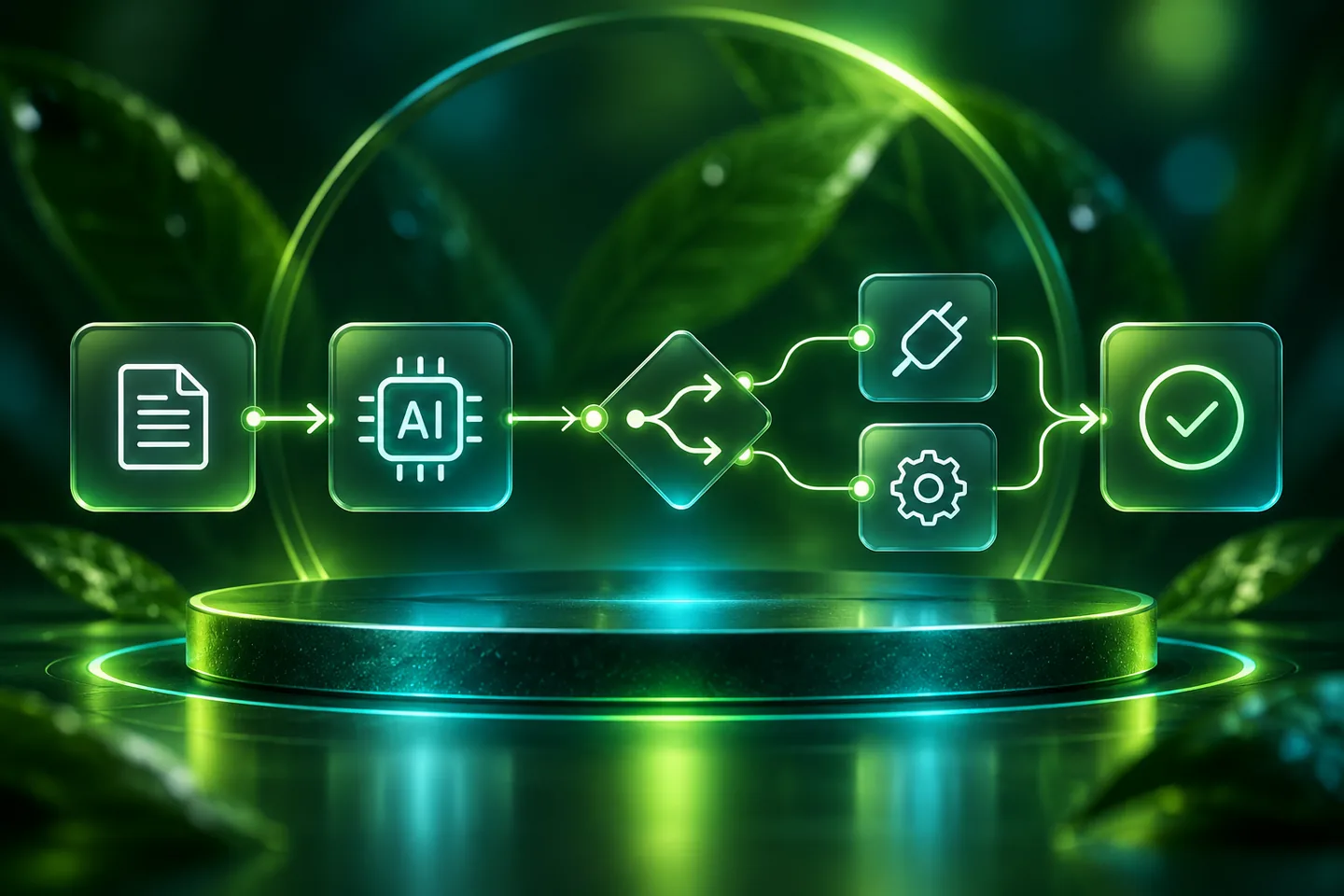 Illustrated document connected to AI, decision, integration and approval symbols