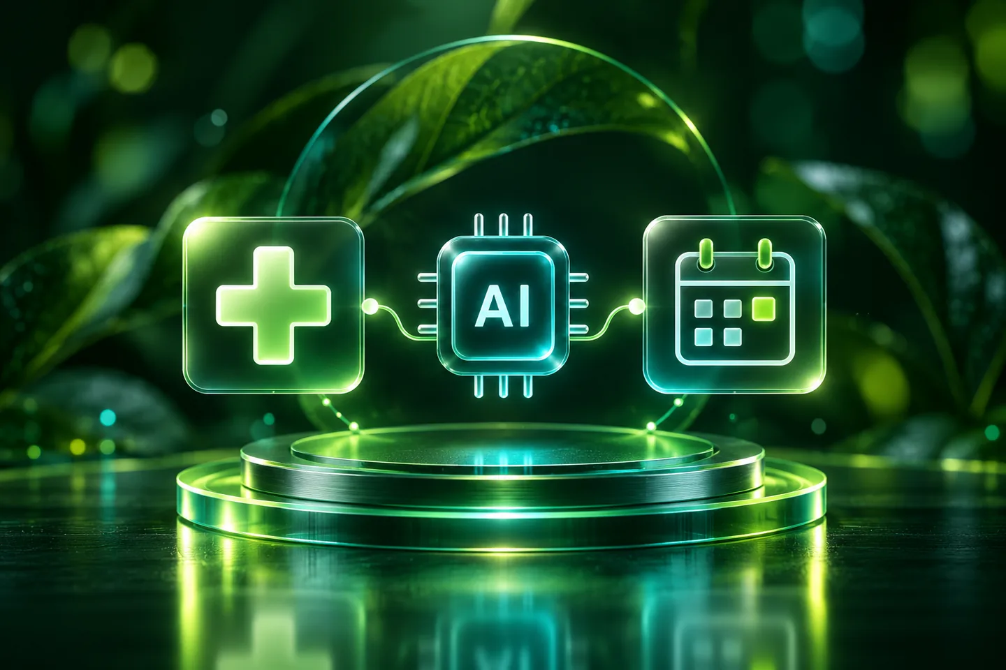 Illustrated medical cross, AI chip and appointment calendar connected in a row