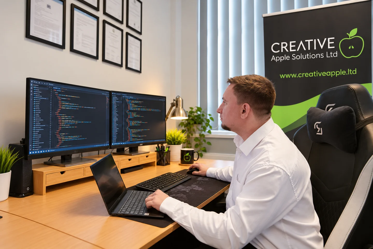 Michael working on a website at his Creative Apple Solutions workstation